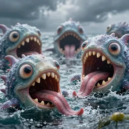 of a stormy ocean with large strange creatures with big eyes, mouth, long tongue and round teeth appearing from the water, in the style of gehry, macro lens, shallow depth of field, highly detailed, digital painting, trending artstation, concept art, illustration, cinematic lighting, vibrant colors, photorealism, epic, octane render