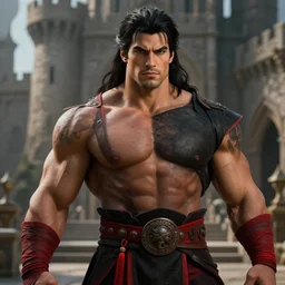 hispanic gigachad hero in ancient castle, wearing black and red clothes, herculean bulging muscular figure, beautiful gigachad, soft lighting, highly detailed face!!, sharp focus, artstation, by gaston bussiere, j. c. leyendecker, craig mullins