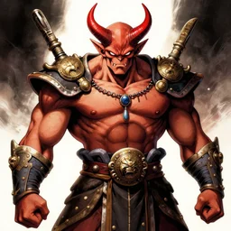 a menacing goblin general who has a muscular physique, red horns, hyper-detailed, by kentaro miura