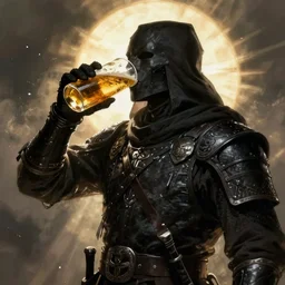 dark soldier drinks beer in the style of dark souls