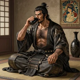 brutal japan medieval samurai man sitting in house and drinking sake, full body, hairy torso, D&D, fantasy, intricate, elegant, highly detailed, digital painting, artstation, concept art, matte, sharp focus, illustration, art by Artgerm and Greg Rutkowski and Alphonse Mucha
