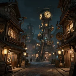 chinese japanese steampunk street at night, japanese steampunk houses with cogs and clocks, cinematic art, concept art, darek zabrocki, noah bradley, artstation,