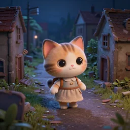a cute kitten wearing a dress is on an adventure through an abandoned town in the night, 3d scene, render, ultra realistic, zenith view, Greg Rutkowski, artstation, cgsociety, level design, unreal engine, 3d scene, render, ultra realistic, Enki Bilal style