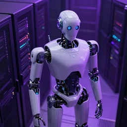 hyperrealistic medium shot robot! in data center server highly detailed concept art eric zener elson peter cinematic hard purple lighting high angle hd 8 k sharp shallow depth of field, inspired by denis villeneuve and zdzisław beksinski