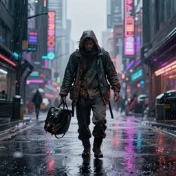 an exhausted warrior wandering through a lost cyberpunk city, rainy day, radiant light, digital painting, art station, by les edwards, by greg rutkowski