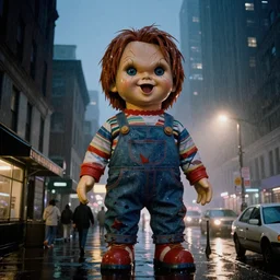 street of new york, photography, night, rain, mist, a giant screaming chucky doll, cinestill 8 0 0 t, in the style of william eggleston