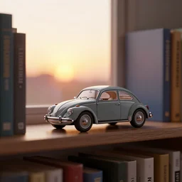 a miniature of a VW Beetle on a bookshelf near a window at sunset, DOF, octane render, unreal engine 5, godrays, complementary colors, calm, symmetrical, highly detailed, high quality, 4k, beautiful, hyperrealistic