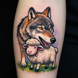 wolf biting a cute sheep, color tatoo by, mariusz trubisz, ink, glow