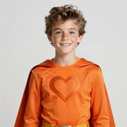 friendly teenage archie andrews wearing an orange superhero costume with heart logo, freckles, superhero costume, heart emblem on chest, cape, intricate, elegant, glowing lights, highly detailed, digital painting, artstation, sharp focus, illustration, art by wlop, mars ravelo and greg rutkowski