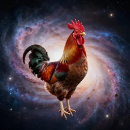 a lone giant rooster, centered, floating in space, center of the universe, \ galaxy cosmic nebula, epic, volumetric light, hyperrealistic, glitter, mega detailed, beautiful composition, beautiful lighting, unreal render, 4 k, vincent di fate, john berkey, michael whelan
