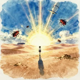 anime movie screenshot, paper texture, ( ( detailed watercolor ) ) one lonely character by tatsuyuki tanaka, vanishing point, by ghibli!!! nausicaa!!, desert!!!, cruise ship, rim light, long shadows, bright, miyazaki, vibrant, motion, airship, flying beetles