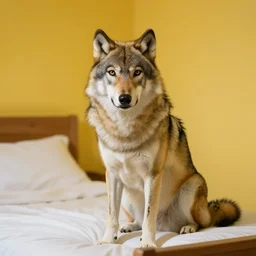 a 4 k photorealistic photo of a wolf sitting on a bed in a yellow room