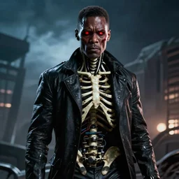 Samuel L. Jackson plays Terminator, scary, red eye glowing, skeleton, scene from the film