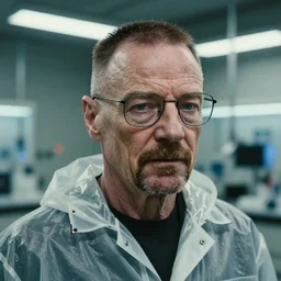 Cinestill 50d, 8K, highly detailed, breaking bad style 3/4 extreme closeup portrait, clear eyes, focus on clear transparent raincoat walter white model, tilt shift zaha hadid style laboratory background: famous blade runner remake, new mexico lab scene