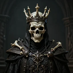 full portrait of the decaying King of rot, crown made of bones, cloak, skull mask, realistic character concept, high fantasy, gothic, dark atmosphere, medium shot, symmetrical face, cinematic lighting, hyperdetailed, high resolution, insanely detailed and intricate, artstation, octane render, 8k, unreal engine