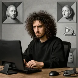 ! dream an annoyed curly - haired persian guy programmer by leonardo davinci, hieronymous bosch, mc escher