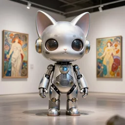 3 d octane render ultra photorealistic 8 k hyper detailed, a very cute statue robot anthropology cat ears cyberpunk cgsociety in a contemporary art gallery in neo tokyo artwork by alphonse mucha