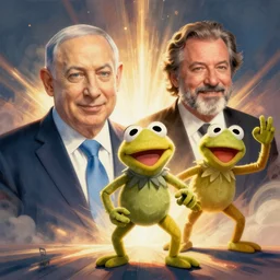 Benjamin Netanyahu and Yair lapid  as  muppets,  digital illustration portrait design by, Mark Brooks and Brad Kunkle detailed, gorgeous lighting, wide angle action dynamic portrait