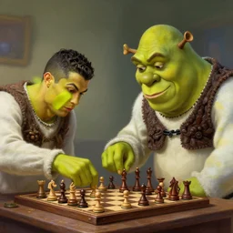 Cristiano Ronaldo Plays Chess with Shrek, intricate, stunning, highly detailed, digital painting, artstation, concept art, smooth, sharp, focus, illustration, art by artgerm and greg rutkowski and alphonse mucha