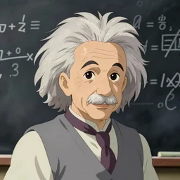 Albert Einstein by studio ghibli, in front of a blackboard with equations, anime, detailed