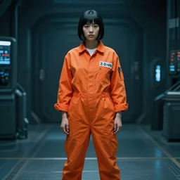 major motoko wearing an orange prison jumpsuit, photography by fred palacio medium full shot still from bladerunner 2 0 4 9, sci fi, bladerunner, canon eos r 3, f / 1. 4, iso 2 0 0, 1 / 1 6 0 s, 8 k, raw, unedited