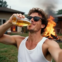 a selfie of a man wearing a tank top, sunglasses, drinking beer, happy that his house is on fire, high quality, detailed, a beautiful photograph from the nineties