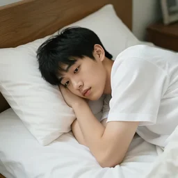 an east asian teenager laying in bed in his room