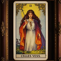 high priestess, ombre colors, tarot card with ornate border, frame nostalgia for a fairytale, magic realism, by charles vess, anato finnstark, cinematic lighting, beautiful face by leyendecker