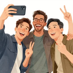 a detailed illustration of three happy celebrating men posing for a selfie, by jamie hewlett and timothy kong, trending on behance