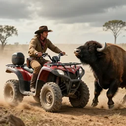 indian on ancient atv attacking bufallos, action scene, an epic western, dramatic lighting, cinematic, establishing shot, extremely high detail, photorealistic, cinematic lighting, artstation, octane render, old photo, buffalo hunt movie, alpha movie, western