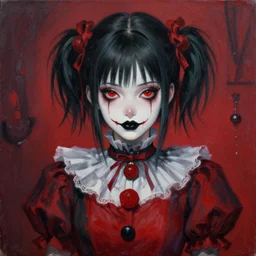 beautiful! beautiful! coherent and aesthetically pleasing! portrait of an anime goth clowngirl with lovely red eyes and black lips and gothic clown clothes, painted by ilya kuvshinov!!! and zdzislaw beksinski