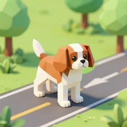 cavalier king charles spaniel, on a road in a park on a sunny day, 3 d render, low poly, isometric