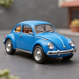 a blue beetle car with burgers in place of the wheels