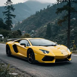 lamborghini aventador photoshoot, cinematic,, kotdwara background, uttarakhand, photography by alexey kurylev, beautiful, india, heavily detailed