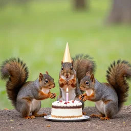 three squirrel's having a cool birthday party, national geographic photo, highly detailed