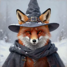 a furious fox wizard, snowy background, oil on canvas, intricate, portrait, 8k highly professionally detailed, HDR, wizard hat, CGsociety