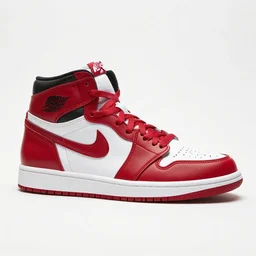 a press photograph of nike air jordan 1 high red and white, size 1 0, white background