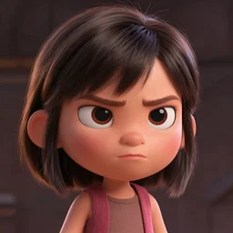 a painting of cute Asian girl frowning, in the style of DreamWorks animation, low angle view, 16mm lens, award winning, mid-shot, hyper detailed, dramatic lighting, artstation, octane renderer, unreal engine