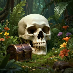 Skull and jungle environment, many flowers and one treasure chest by Skull, atmospheric, octane render, 8k, cinematic, hyperrealism, artstation, HDR, cgisociety, smooth, volumetric lighting