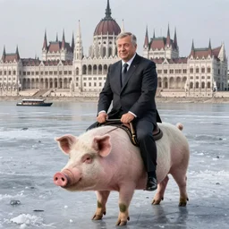 viktor orban with highly detailed face riding a pig on the frozen danube in budapest, by edward hopper
