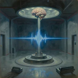 mind control facility interior, central core, brain wave transmitter, dystopian, pj crook, edward hopper, oil on canvas