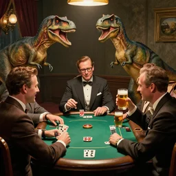 dinosaurs wearing vintage suits, playing poker and drinking beer, in the style of cassius marcellus coolidge