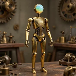humanoid brass automaton in art deco style with a round polished opal instead of a head, full body, workshop background, steampunk style, concept art, artstation trending, high detail, warm light