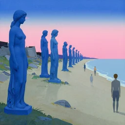 a long beach filled with ruins of blue statues of women with pink light on the horizon, by kawase hasui, moebius, edward hopper and james gilleard, zdzislaw beksinski, steven outram colorful flat surreal design, hd, 8 k, artstation by magali villeneuve and william bouguereau, 4 k