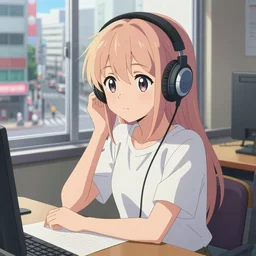 high definition anime portrait of an anime girl with pastel colored hair sitting at a desk studying with headphones on, background is a window looking out into a busy Tokyo district, lo-fi art, masterpiece by Makoto Shinkai, trending on artstation, sharp high quality anime, digital art, photoshop, proportionate, ambient lighting, clear facial festures