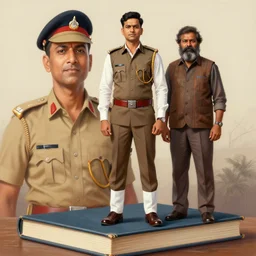 a painting of an indian cop in khakhi uniform, an indian man in formal wear and a rugged indian bearded man standing on top of a book, detailed digital art, hyperrealistic, trending on artstation
