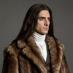 portrait of a man with smooth, long!!!!!!!!!! dark brown hair in a white shirt under a 1 9 th century fur coat, looking to the right
