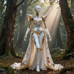 cinematic forest lighting, beauteous practical sumptuous full body elegant pose, white pearlescent, chrome, iridescent titanium biomechanical, deadmau 5, crystal, gold, copper, bronze, crystalline masterpiece incrustations, hyperdetailed metalwork by h. r. giger movie still, octane render,, unreal engine, crepuscular rays, god rays