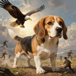 photo of gigantic beagle hit the ground and people scaping, eagle view
