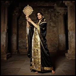 lomography, full body portrait photo of women like reol from a distances as a priestess holding a magical ritual in a ancient temple interior wearing ornate robes, moody, realistic, dynamic perspective pose, dark, skin tinted a warm tone, hdr, rounded eyes, detailed facial features, white gold black, gustav klimt, alponse mucha